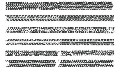 Tire tracks, a set of vectors of tread tracks. A frame made of tracks from a truck, a car with a grunge effect.
