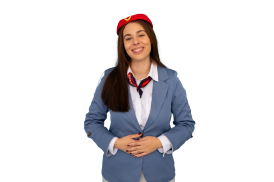 Friendly airline stewardess standing confidently, hands on pregnant belly, wearing crisp uniform against clean white backdrop