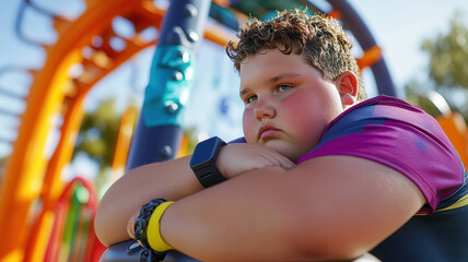 Caucasian young boy wearing a smartwatch and colorful shirt appears thoughtful at a vibrant playground on a sunny day. Overweight teen boy