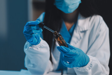 Research, experiment and medical trial being done by a scientist in a lab, science facility or...