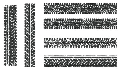 Tire tracks, a set of vectors of tread tracks. A frame made of tracks from a truck, a car with a grunge effect.