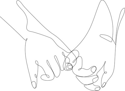 Minimalist line art vector illustration featuring hand gestures holding hands, heart shape gesture, and intertwined pinkies with hearts, symbolizing love, connection, trust, and emotional bonds