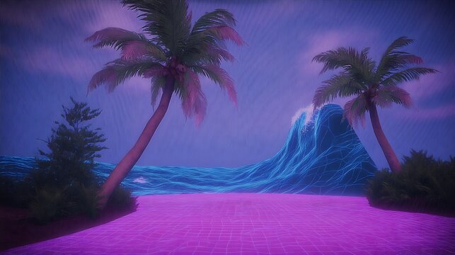 Synthwave beach with neon lines paradise