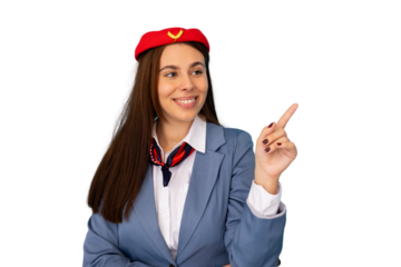 Young, beautiful stewardess pointing her finger to the right side against a transparent background, exuding confidence and friendliness