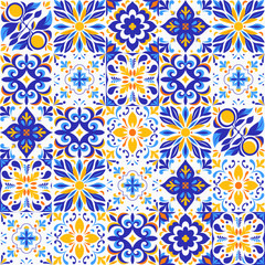 Vector illustration of Italian ceramic pattern of blue and white tiles. Mediterranean porcelain ceramics. Ethnic folk ornament. Mexican talavera, Portuguese azulejo, Spanish majolica. Element for your