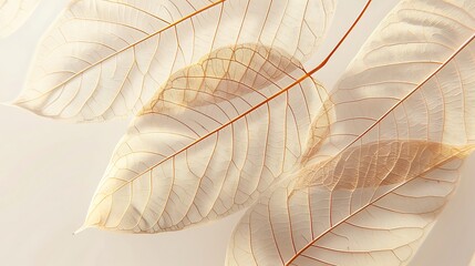 Delicate, translucent leaves, ivory and beige, arranged against a soft white backdrop