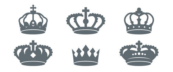 Set grey king crowns. Outline Icons isolated