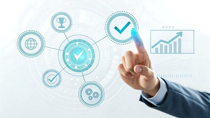 Businessman hand touching check mark icon on futuristic interface isolated on white background
