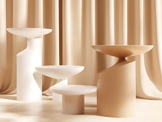Soft light geometric setup with abstract pedestals in tan and white for product