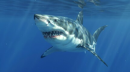 Naklejka premium A stunning close-up of a great white shark gliding gracefully through the deep blue ocean waters, showcasing its powerful physique and sharp teeth perfectly.