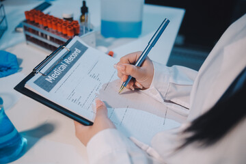 Research, experiment and medical trial being done by a scientist in a lab, science facility or...