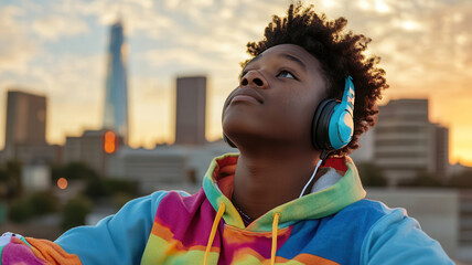 Young african teen wearing colorful hoodie and blue headphones gazes upward in urban cityscape during a stunning sunset. Overweight teen boy