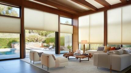 Soft, inviting living room with swing glass doors and modern blinds for controlling sunlight