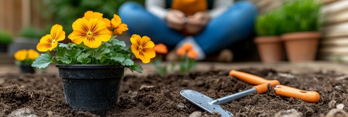Woman Gardening, Planting Flowers In Garden Soil Using Tools. Woman In Background Is Out Of Focus.