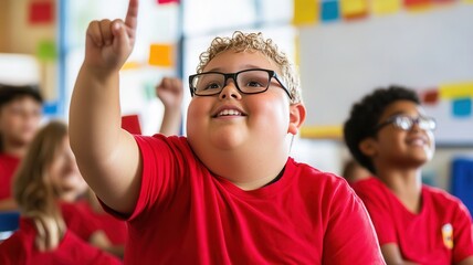 Enthusiastic young caucasian boy wearing glasses raising hand in colorful classroom with diverse peers engaged in learning activity. Overweight teen boy