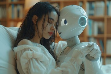 A serene scene depicting a woman embracing a humanoid robot, exploring themes of connection and companionship between humans and technology in a modern setting.