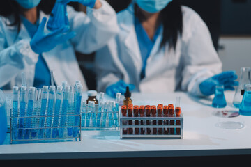 Research, experiment and medical trial being done by a scientist in a lab, science facility or...