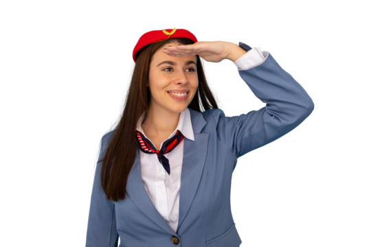 Female flight attendant in crisp uniform, gazing pensively past camera against isolated white background