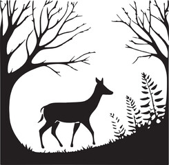 A striking black and white silhouette of a majestic buck standing alert in a forest clearing, enclosed within a circular frame. This nature-inspired deer design is perfect for outdoor-themed apparel, 