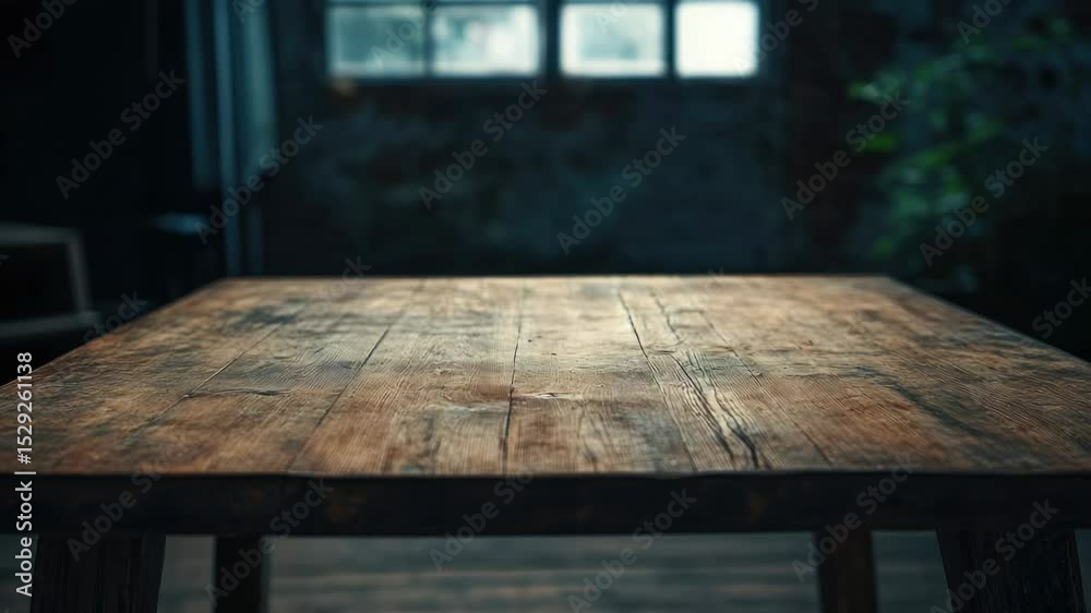 Poster A wooden table with a view of the outside world through a window
