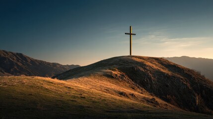 Obraz premium A lone Easter cross stands tall on a hill, its shadow stretching out behind it as it basks in the warm, golden light of the rising sun.