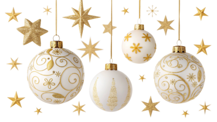 Elegant christmas ornaments and gold stars against black background