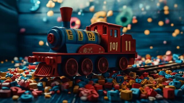 Toy Train on Tracks Surrounded by Colorful Alphabet Blocks and Numbers