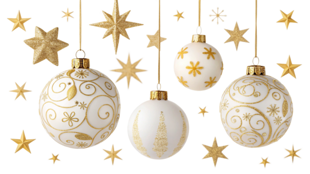 Elegant christmas ornaments and gold stars against black background