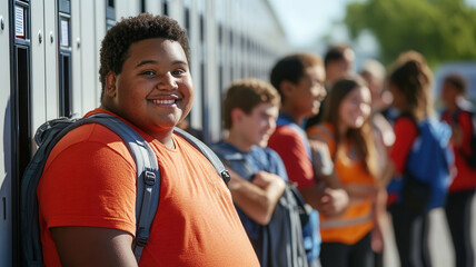 African teen male smiling in school hallway with group of diverse students in background, wearing orange shirt and backpack, relaxing during break. Overweight teen boy
