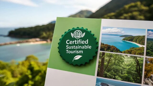 A certified sustainable tourism badge appears on a brochure with scenic coastal and forest images in the background.