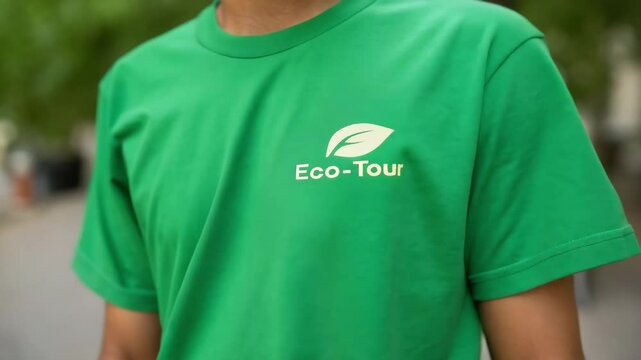 A person wearing a green t-shirt with an "Eco-Tour" logo and a leaf graphic, symbolizing environmental awareness.