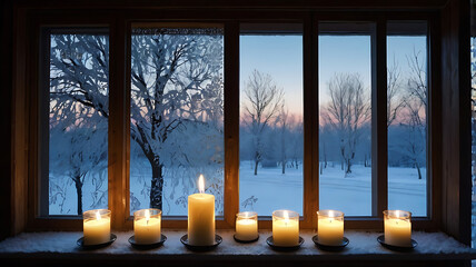 A window view with frost and snow outside, Christmas decorations hanging on the glass, and candles flickering on the windowsill, evoking a quiet, peaceful holiday atmosphere.