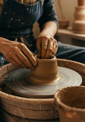 Potter Hands Shaping Clay On Wheel Close Up Pottery Craft Workshop Handmade Art Concept Photo