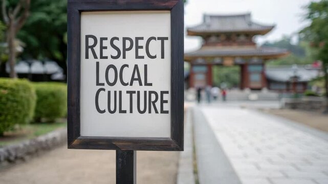 A sign urging visitors to respect local culture stands near a traditional temple with people walking in the background.