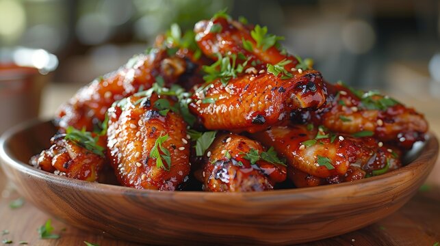 A tantalizing plate of barbecue chicken wings covered in glaze and garnished with parsley, showcasing deliciousness and the enjoyment of casual dining experiences.