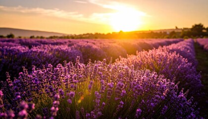Radiant lavender field at sunset, a peaceful and aromatic bloom scape