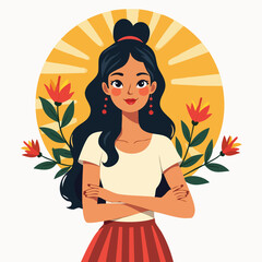 Confident Woman with Floral Elements – Flat Vector of Female in Red Skirt