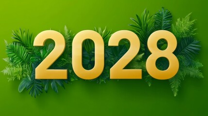 2028 Bold Gold Numerals Nestled in Vibrant Green Foliage, Ideal for New Year s Designs.