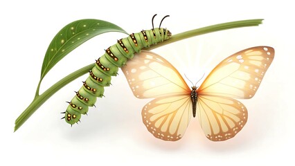 Naklejka premium Green caterpillar transforming into a butterfly isolated on white background
