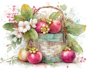 A basket filled with colorful fruits and delicate flowers.