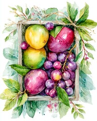 A vibrant watercolor painting of assorted fresh fruits.