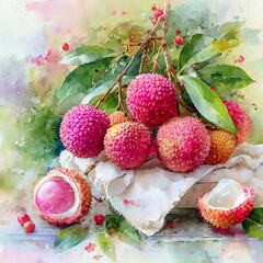 Colorful lychee fruits beautifully presented on a soft cloth.