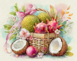 A vibrant basket of tropical fruits adorned with flowers.