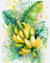 Vibrant watercolor illustration of fresh bananas and leaves.