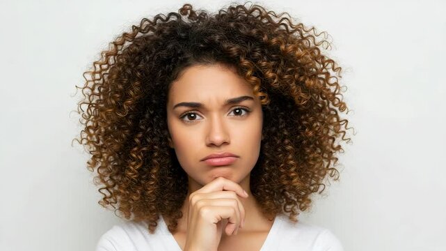 Pensive young woman with curly hair thinking deeply and touching chin, white background

