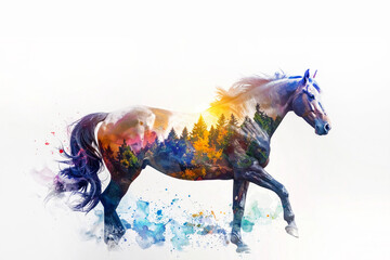 森と馬の多重露光イメージ,Generative AI,AI画像