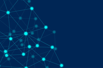 Abstract global pattern geometric polygonal space background and network connections with bokeh points and lines. Abstract blue lines and dots connections, social network communication pattern.