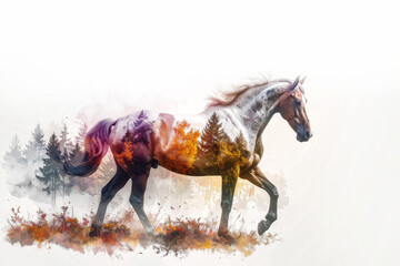 森と馬の多重露光イメージ,Generative AI,AI画像