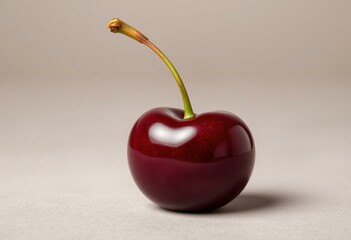 Single cherry with stem, glistening and plump, on a plain background.
