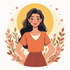 Confident Girl in Floral Frame – Flat Vector Illustration of Modern Woman